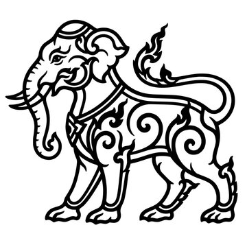 Mythical Elephant Symbol: An intricate black and white illustration of a mythical elephant, adorned with ornate scrollwork and decorative patterns, symbolizing strength and ancient lore.