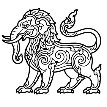 Thai Mythology Creature: A black and white illustration of a mythical creature, a hybrid of an elephant and a lion, adorned with intricate traditional Thai patterns.