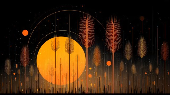Abstract glowing autumn sunset with tall magical wheat grass and stars on dark night sky background for seasonal celebration design
