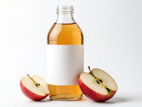 Glass bottle with amber apple cider, blank white label. Two fresh red apple halves sit beside beverage on white background. Cold organic fruit juice product for autumn harvest healthy breakfast