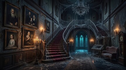Obraz premium Haunted Mansion Hallway with Ancient Staircase, Cobwebs and Candlelight