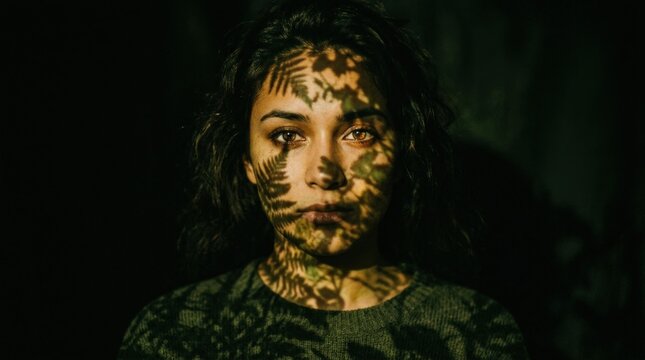 Human face emerging through projected foliage shadows and green-gold light, cinematic conceptual portrait photography, deep black background, luminous eyes and textured skin, identity, nature and
