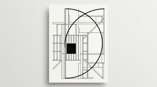 Thin black arcs and rectangular frames forming an abstract architectural composition, large partial circle crossing narrow panels with a solid black square, white background and refined constructivist