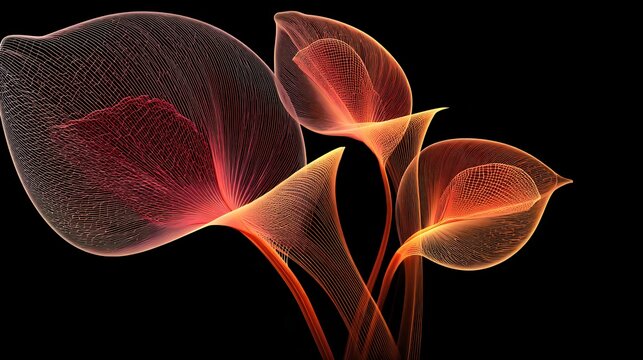 Elegant 3d wireframe glowing autumn leaves resembling delicate flora on black background for modern seasonal celebration overlays