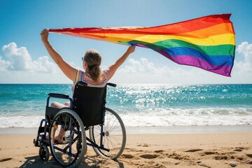 Obraz premium Disabled woman in wheelchair holds large rainbow pride flag on sunny beach. Person celebrates LGBTQ identity near blue ocean waves. Summer vacation concept with sea, sand, sky. Freedom, inclusion for