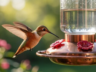 Obraz premium Rufous hummingbird hovers near copper bird feeder in green garden. Small avian bird feeds on nectar from red flower shaped ports. Wildlife animal flies near garden feeder during sunny summer day in