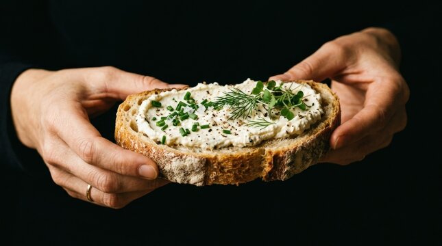 Hands presenting a slice of artisan bread topped with creamy spread against a deep black background, dramatic food photography, warm skin and beige bread tones, focused central composition, soft side