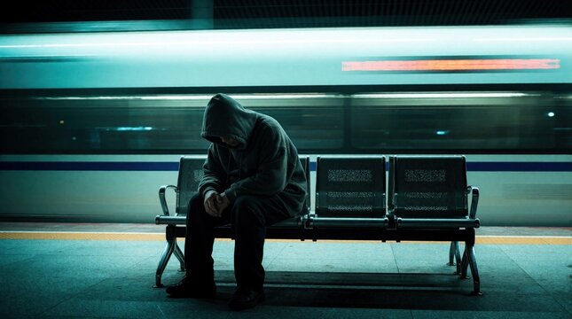 Lonely homeless person sits on metal bench at subway station. Man wearing hoodie looks down with hunched posture. Fast train passes by on tracks in background. Depressed person feels isolated, sad in