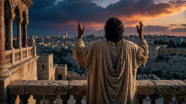 Man in ancient robe stands on palace balcony overlooking Jerusalem city at twilight. Biblical king David raises hands in prayer, grief toward sunset sky. Emotional scene of repentance, mourning,