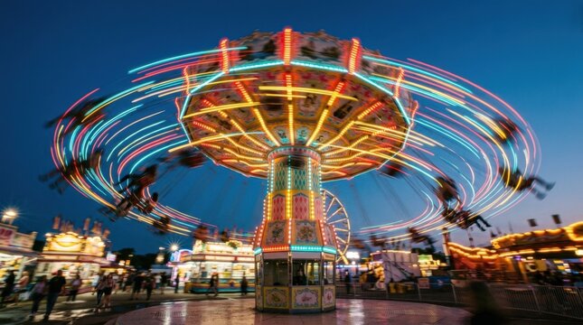 Colorful amusement-park swing ride spinning at night, dynamic long-exposure photography, riders blurred into radial streaks, vivid red, yellow and cyan lights against a deep blue sky, energetic