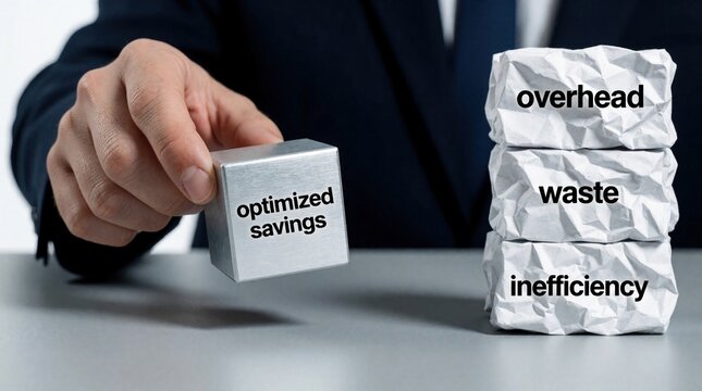 Businessman hand places metal cube with optimized savings text. Person removes waste, overhead, inefficiency represented by crumpled paper. Concept for financial management, cost reduction, business