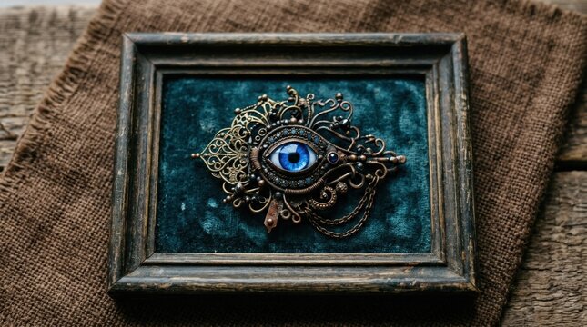 Small surreal jewelry artwork displayed inside a rectangular frame on a textured brown background, featuring an eye-like blue gem and delicate metallic ornament, fine-art product photography, muted