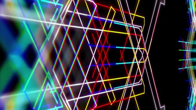 Neon cybernetic light lines moving in a futuristic techno tunnel loop background