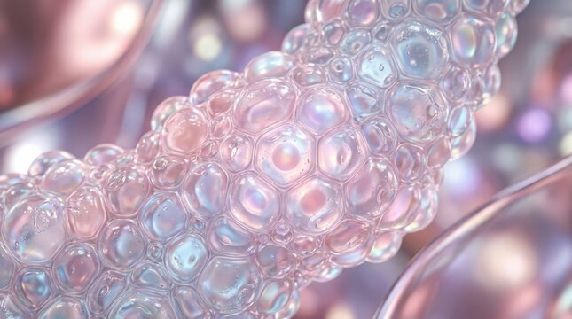 Macro abstract cellular membrane with translucent rounded compartments, biomorphic digital art, opalescent pearl, blush pink, lavender and icy blue palette, glossy wet surfaces, soft internal glow,