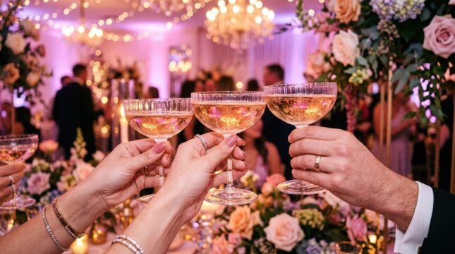 Hands holding delicate champagne coupes beneath dreamy pink and lavender party lighting, glamorous celebration photography, rose gold, peach, violet and clear glass palette, soft bloom, sparkling