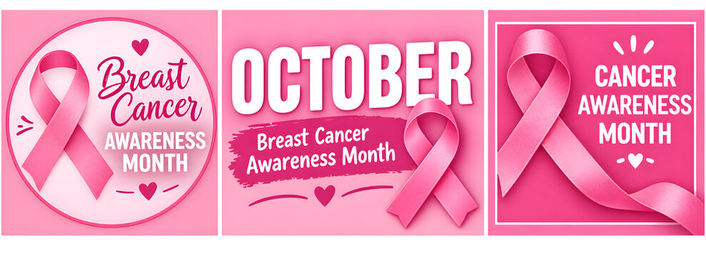 Set of posters with for breast cancer awareness month in october. Realistic pink ribbon symbol. Vector illustration.