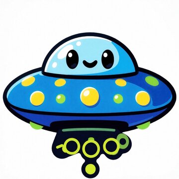 Cute blue UFO flying saucer with happy smiling face. Cartoon spaceship craft features colorful glowing spots, bright lights. Friendly alien vehicle isolated on white background for kids sci-fi