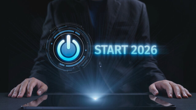 Start 2025 concept with futuristic power button symbolizing fresh beginnings, innovation, and digital transformation. Start 2025, new goals, and start 2025 initiative. Elide