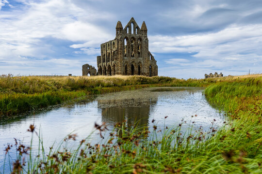 Whitby Abbey Gothic ruins reflected in still pond water, grassy bank in foreground under cloudy sky, North Yorkshire, England