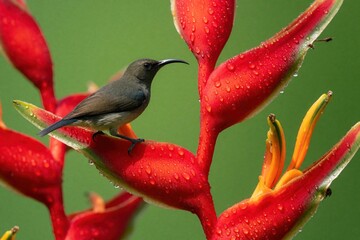 Obraz premium Small Seychelles sunbird perches on bright red heliconia flower. Tropical bird with long curved beak sits on wet blossom after rain. Colorful wildlife in exotic garden shows nature beauty with nectar