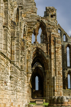 Ruins of medieval Gothic arches and stone columns at Whitby Abbey, Yorkshire, weathered sandstone masonry under daytime light, vertical shot
