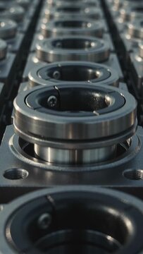 Vertical video: Panning camera forward along rail, revealing mounted bearings for inspection