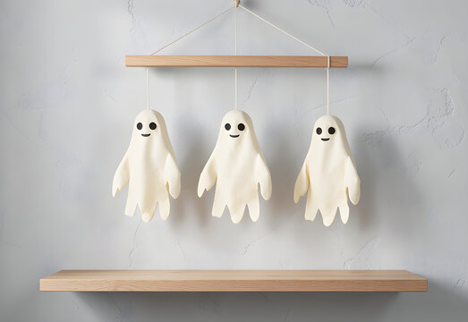 Cream paper ghost mobile above an empty shelf
