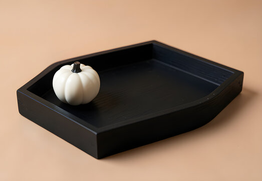 Black wooden tray with a small ivory pumpkin