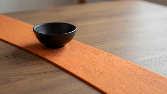 Orange felt table runner on a plain wooden table