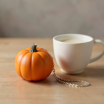 Pumpkin shaped tea infuser beside a plain cup