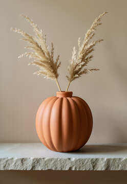 Terracotta pumpkin vase with dried grasses