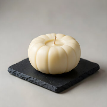 Cream candle shaped like a ribbed pumpkin