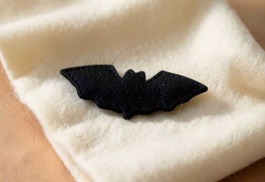 Black felt bat brooch on cream wool