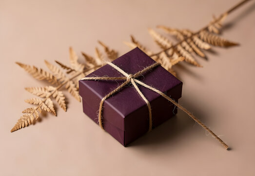 Dark plum gift wrap with a dried fern