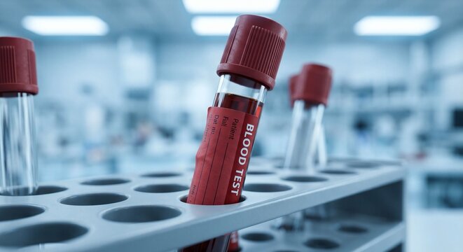Blood test sample tube with red cap in laboratory rack close up