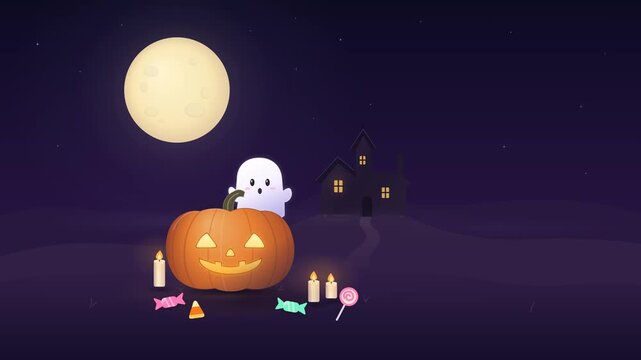 Cute animated Halloween night loop featuring glowing jack o lantern and friendly ghost