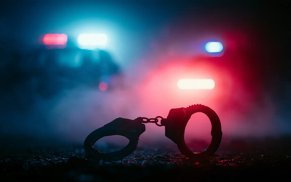 Police raid at night and you are under arrest concept. Silhouette of handcuffs with police car on backside with the flashing red and blue police lights at foggy background