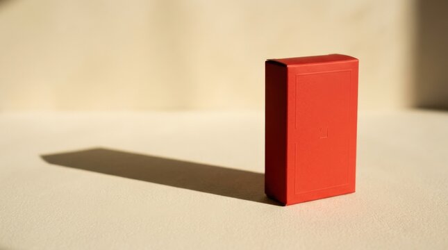 Small red rectangular package standing upright on a warm cream surface, minimalist product photography, saturated vermilion box, crisp edges, strong side sunlight, long geometric shadow and clean