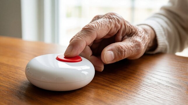 Senior woman presses red button on medical alert system at home. Elderly person uses emergency assistance device for immediate help. Personal safety technology for aged adult needs quick response to