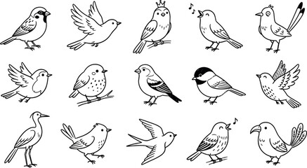 Obraz premium Hand Drawn Cartoon Bird Line Art Vector Set with Whimsical Characters for Kids Coloring Books, Stickers, School Craft Projects, and Nursery Designs