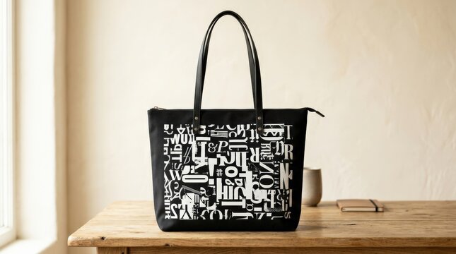 Structured black tote printed with layered white typographic graphics, front-facing product photography against a warm ivory backdrop, long narrow handles, bold monochrome contrast, contemporary