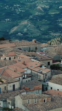 Aerial view of the city of Gerace at sunset in Calabria