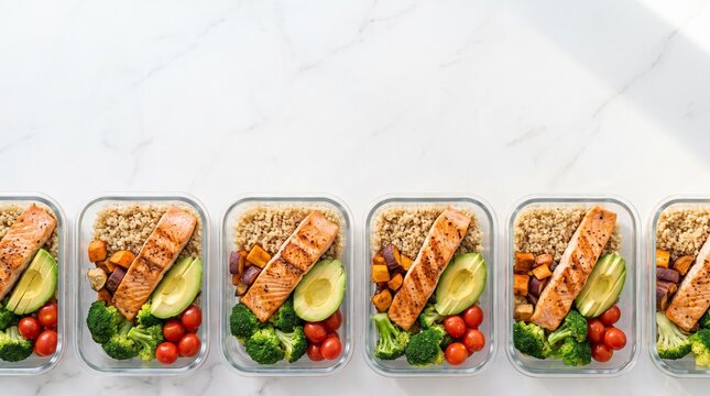 Healthy meal prep lunch boxes with grilled salmon, quinoa, avocado, and fresh vegetables arranged in a row on white background