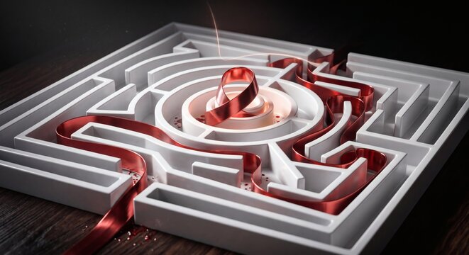 Red HIV AIDS awareness ribbon navigating through white complex maze to center