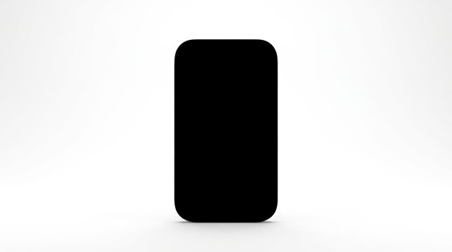 Minimal black rounded rectangular device silhouette isolated on white, premium technology product visualization, glossy dark surface, softly beveled corners, high-key background, subtle grounding