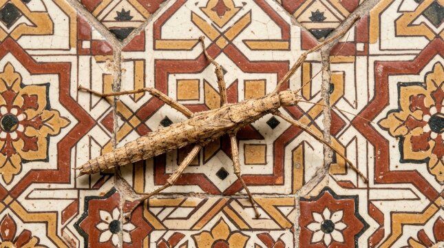 Large stick insect resting on decorative geometric floor tiles, unusual macro nature photography, tan and brown insect against cream, rust and terracotta pattern, top-down composition, crisp detail,