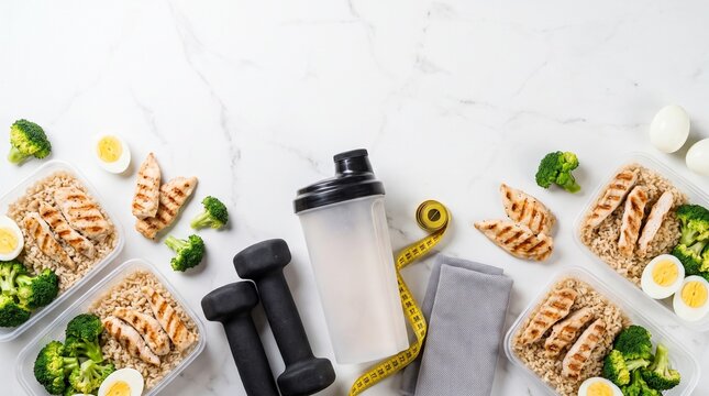 Healthy meal prep containers with grilled chicken, rice, broccoli, and boiled eggs, alongside dumbbells and a shaker bottle on a white marble background