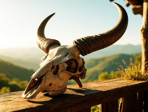 Large horned animal skull rests on wooden ledge outdoors. Sunlight hits bone structure against mountain landscape background. Wild bull skull with big curved horns sits on rustic timber railing