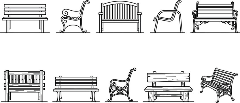 Park Bench and Garden Seat Line Icon Set Featuring Front and Side View Orthographic Projections of Classic Wooden Slat and Ornate Metal Furniture for Architectural Planning Layouts