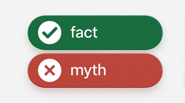 Green button with white checkmark icon, fact text. Red button with white cross icon, myth text. Set of truth, false symbols for verification. Graphic elements show correct incorrect information for